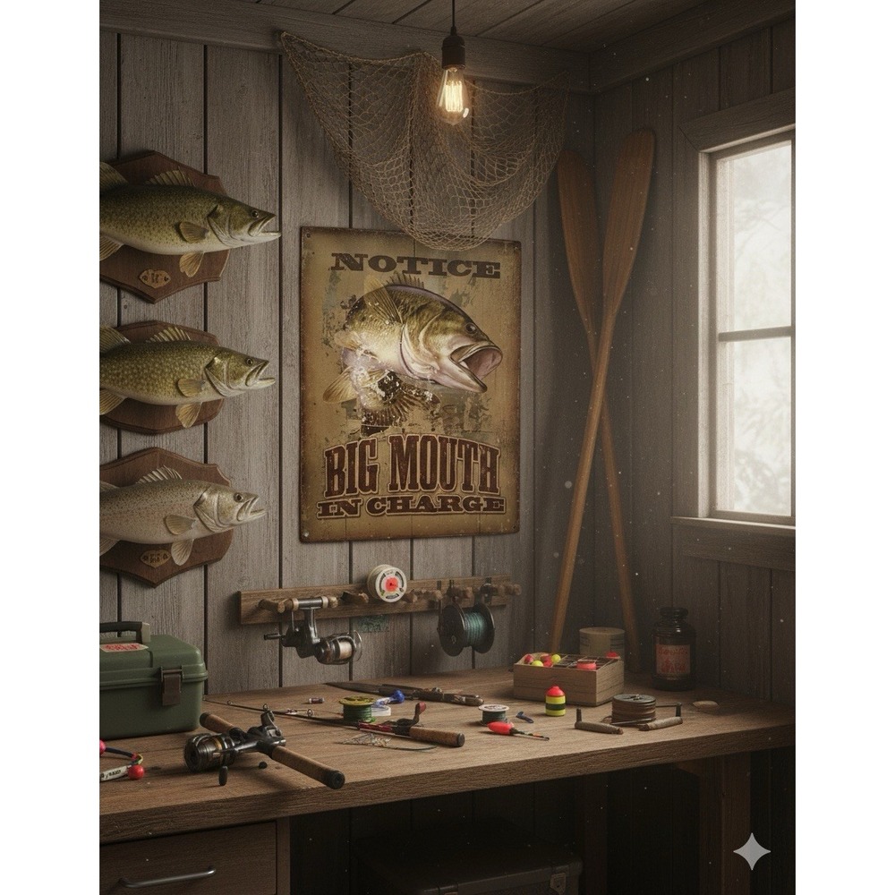 Big Mouth Bass Tin Sign, Man Cave, Fishing 16x12